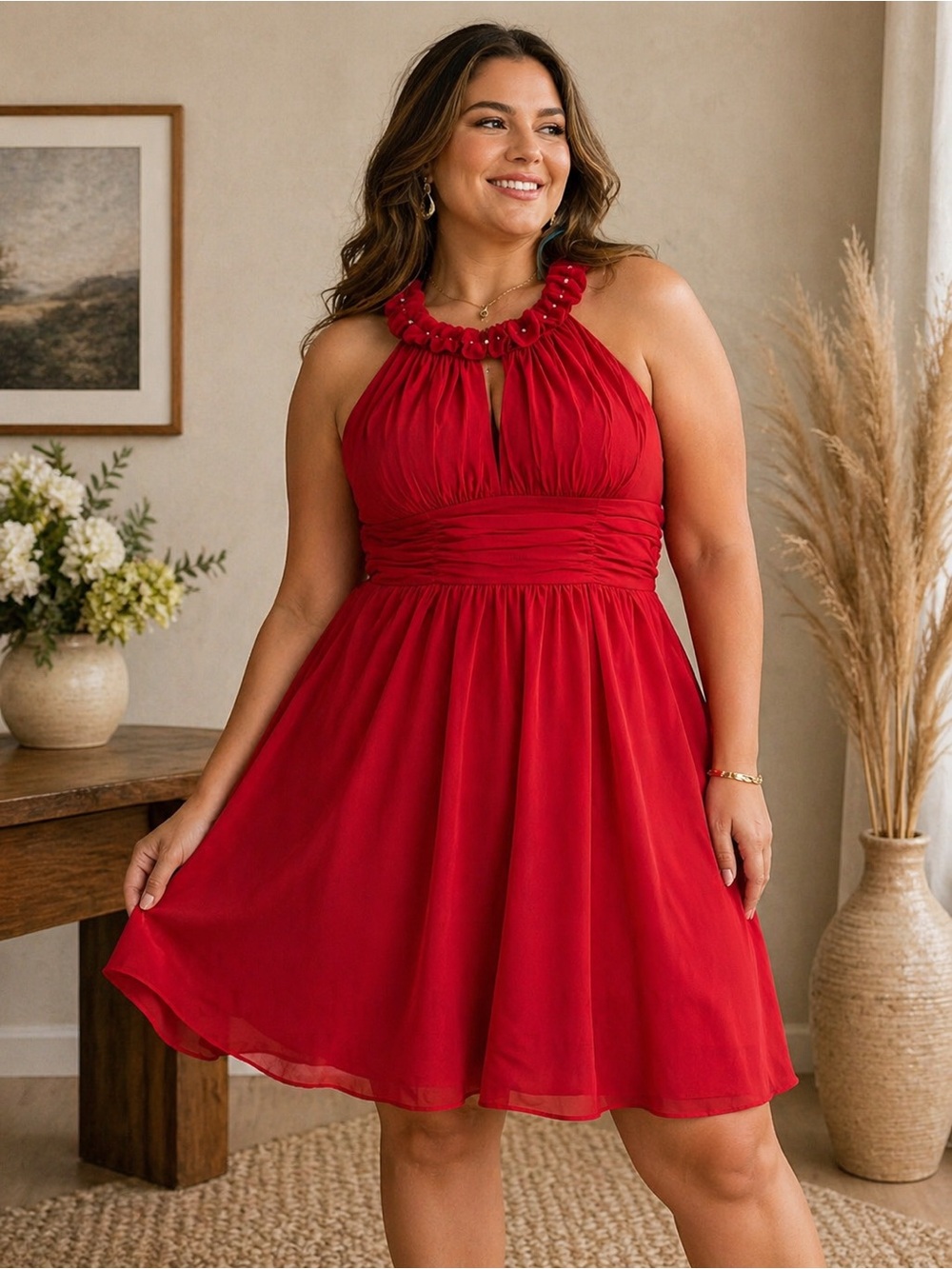 S.L. Fashions Red‎ Chiffon Dress Size 8 Halter Fit & Flare Rhinestone Neckline